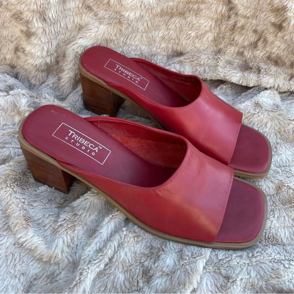 TRIBECA Studio Red Slide Sandals with Low Block Heel - Picture 3 of 8